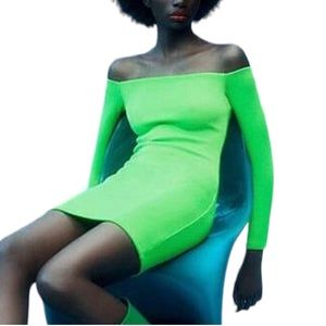 Zara green off the shoulder knit mini dress